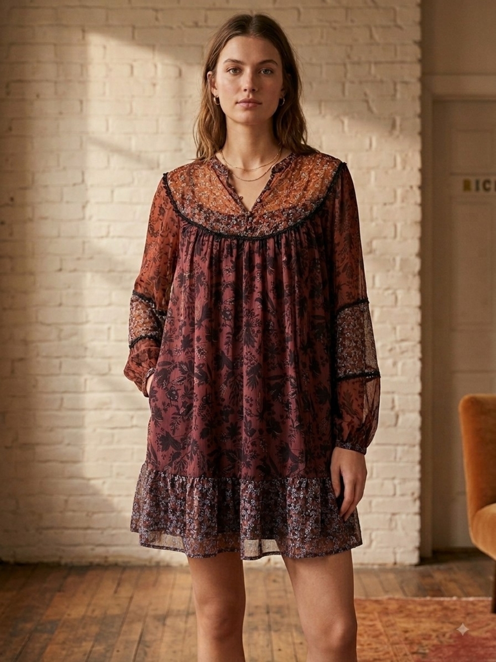 Zara Burgundy Floral Peasant Mini Dress with Sheer Long Sleeves